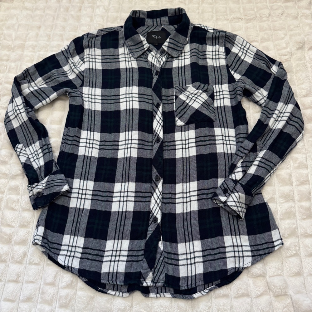 Rails Small Hunter Button Down Shirt ~ White Navy Forest Plaid Flannel Shacket